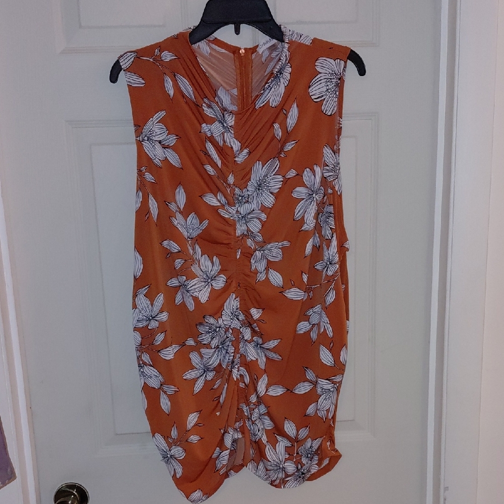 EUC Calvin Klein Sleeveless Blouse 2X Gathered Front Sides & Back, Pumpkin
